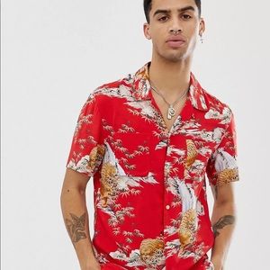 AllSaints revere collar shirt with tiger print in red Size S